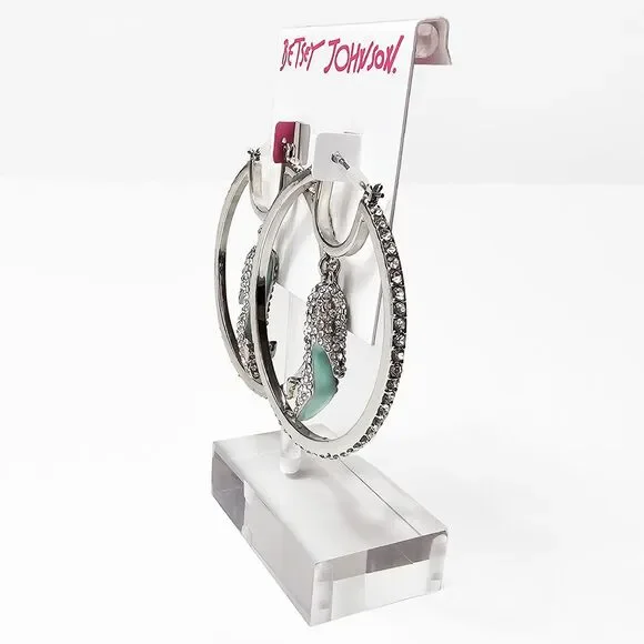 Betsey Johnson High Heel Dangle Hoop Earrings Silver Tone and Rhinestone - Picture 2 of 4